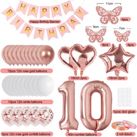Rose Gold 10th Birthday Decorations for Girl, 10 Year Old Birthday Sign with Happy Birthday Banner, 40In Number 10 Foil Birthday Balloons, Butterfly Decorations, Heart and Star Balloons