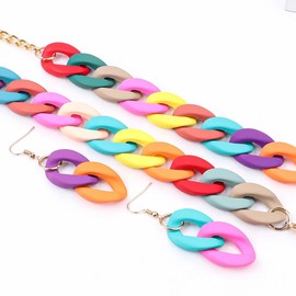 Tesselite 4pcs/set Acrylic Link Chain Choker Necklace for Women Bohemian Matte Colorful Statement Earrings Bracelets Necklaces Jewelry Sets Mixed Color One Size