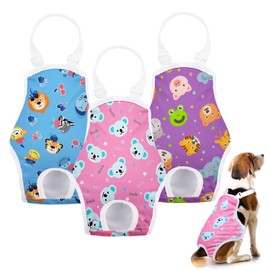 Docuwee Dog Diapers Sanitary Panties with Adjustable Suspender, 3 Pack Washable Dog Period Diapers, Reusable Doggie Underwear for Puppy in Heat (Lion Koala Monkey, Large)