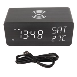Wooden Digital Alarm Clock with Wireless Charging Black Adjustable Brightness Volume Bedroom LED Clock