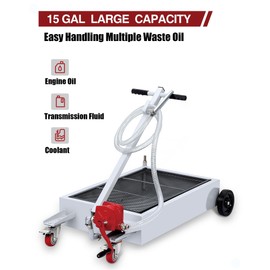 GarveeTech Oil Drain Pan, 15 Gallon Low Profile Oil Drain Pan, Oil Change Pan with 8FT Hose & Folding Handle, Rolling Oil Drain Cart for Cars, Trucks, Buses, RVs