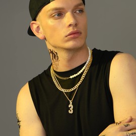 U7 Men's 18K Gold Plated Baseball Football Basketball Number Charm Pendant Full CZ Iced Jersey Number 3 Necklace for Sport Player Athelets