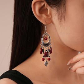 Cybche Vintage Red Gemstone Chandelier Earrings Ethnic Bead Drop Earrings Red Coral Dangle Earrings Silver Leaf Earrings Long Beaded Tassel Earrings Jewelry for Women