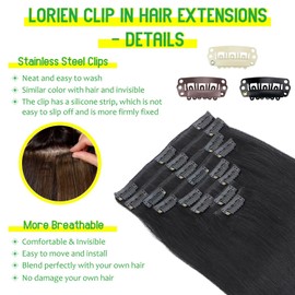 LORIEN Clip in Hair Extensions Real Human Hair, 14 Inch 80g, 1 Jet Black, Clip in 100% Brazilian Remy Human Hair Extensions 8pcs Per Set with 18 Clips Double Weft