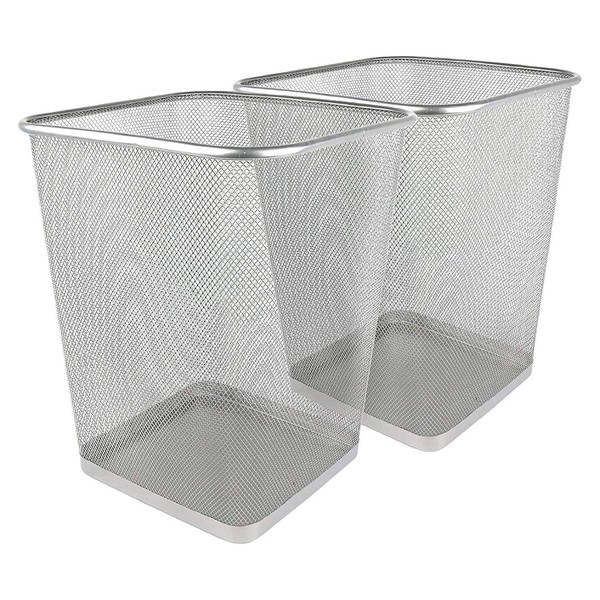 Greenco Mesh Square Wastebasket, 6 Gallon, 2pk (Silver) - Lightweight & Sturdy Office Trash Cans for Near Desk - Garbage Can for Bedroom, Kitchen, Dorm - Garbage Bin - Trash Can Office & Home Supplies