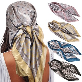 AWAYTR 35” Satin Large Square Head Scarves - 4PCS Silk Like Neck Scarf Hair Sleeping Wraps Satin Silk Scarfs for Women (Leopard print #1)