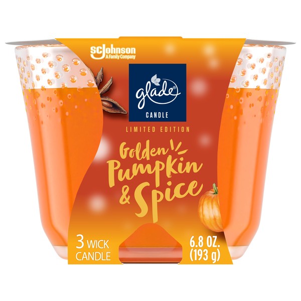 Glade Candle Golden Pumpkin & Spice, Fragrance Candle Infused with Essential Oils, Air Freshener Candle, 3-Wick Candle, 6.8 Oz