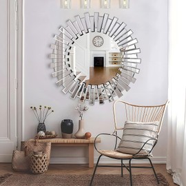 BST FURNH Large Round Mirror Wall Decor 32 Inches Big Decorative Wall Mirror with Irregular Framed and Beveled Edge Mirrors for Wall Silver Large Wall Mirror Frameless Mirrors