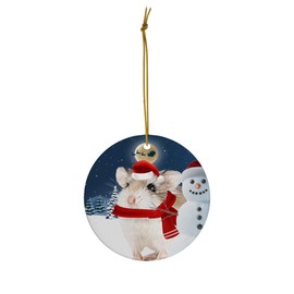 Festive Winter Night Pet and Snowman Ornament - Roborovski Dwarf Hamster Christmas Ornament Circle Ceramic - Funny Holiday Xmas Tree Decoration Gifts for Hamster Lovers