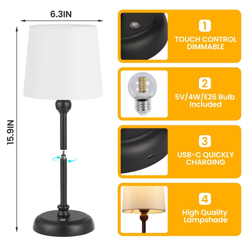 Small Cordless Table Lamp Touch Control, 6000mAh Battery Powered, Low