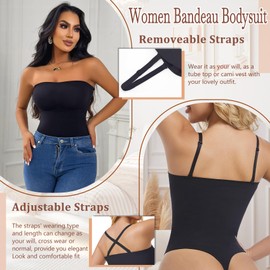 ONEW Strapless Bandeau Shapewear Bodysuit for Women Cami Bodysuit Top with Removable Spaghetti Straps Thong Bodysuit Tummy Control Tanga Body Shaper Black XL