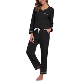 ANLIQI 100% Cotton Pjs Women Loungewear Pjs Sets Womens Long Sleeve Sleepwear Soft Ladies Pajamas Sets(Black,2XL)