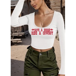 Western Outfit for Women Country Concert Tops Cute Cowgirl Graphic Tee Casual Square Neck Long Sleeve Crop Top