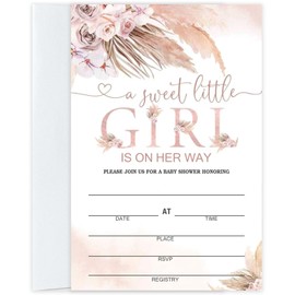 Moonle Baby Shower invitation with Envelopes, Pink Pampas Grass Boho for girl, a little girl baby shower Invites for party supplies, Set of 25