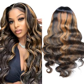 U Part Human Hair Wig Body Wave Highlight Wig #1b/30 Upgrade Human Hair Wig Ombre with Clips Brown Wigs for Black Women 180% Density No Leave Out Blonde and Brown Wig(24inch)