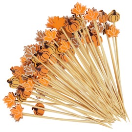 100PCS Pumpkins Maple Cocktail Picks - Fall Theme Fancy Toothpicks 4.7Inch Fruit Drinks Sticks Bamboo Appetizer Toothpicks Charcuterie Skewers for Fall Thanksgiving Day Party Decoration Supplies
