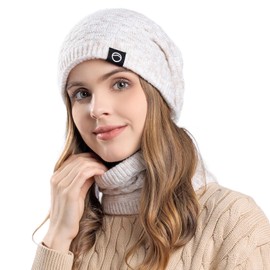 TAGVO Women Beanie Hat Scarf Set Winter Warm Thicken Knitted Hat Ladies Outdoor Slouchy Ski Hat Neck Warmer with Fleece Lining Beige