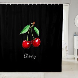 Cherry Shower Curtains,Tropical Fruit Bathroom Curtains for Kids Teens Adult,Solid Black Background Waterproof Bath Curtains,with 12 Hooks Suits for Bathtub, 72" W x 84" L,Concise Vintage