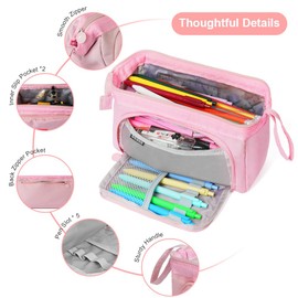 ANOMM Large Pencil Cases for Girls Boys, Big Capacity Pencil Pouch with Handle, Portable Desk Stationery Organizer Storage Bag for School Office, Duarable Pencil Case for Kids Teenage Adults, Pink
