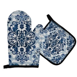 Mingnei Blue Porcelain Floral Oven Mitts and Pot Holders Sets, Blue Floral Heat Resistant Hot Pads Kitchen Decor for Cooking Baking BBQ, Blue Chinoiserie Flower Oven Glove Set Kitchen Decor Gifts