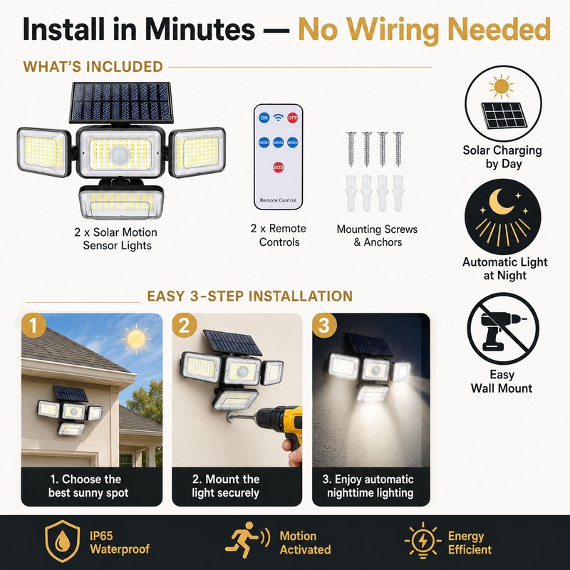 Solar Motion Sensor Outdoor Lights for Security – 4-Head Waterproof