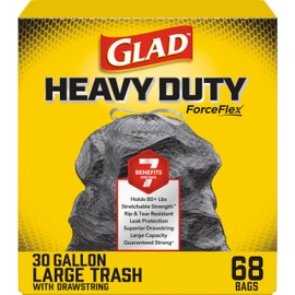 Glad Large 30 Gallon Trash Bags, Unscented Heavy Duty Garbage Bags, Forceflex with Drawstring, 68 Count (Packaging May Vary)
