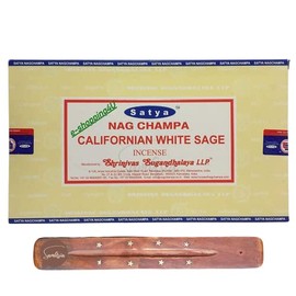 Satya Nag Champa Californian White Sage Incense Sticks | x12 pack | with SAMASIA incense holder | Used for Aromatherapy, Meditation and Relaxation