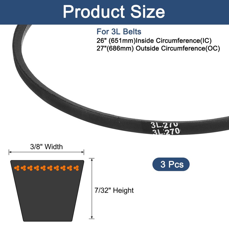 sourcing map 3 Pcs 3L270 Classic Wrapped Rubber V-Belt, 27"(686mm)