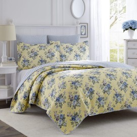Laura Ashley Home Linley Collection Quilt Set-100% Cotton, Reversible, Lightweight & Breathable Bedding, Pre-Washed for Added Softness, Twin, Pale Yellow
