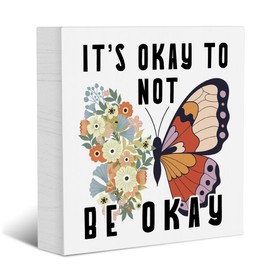 Okay Home Office Farmhouse Decor Mental Health Gifts Desk Decor Accessories Butterfly Flowers Wooden Box Sign Positive Gift for Medical Personnel Therapist Counselor Table Shelf Wall Decorative Quotes