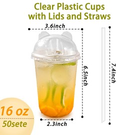 Qsqwsuye 16oz 50 Set Disposable Plastic Cups with Dome Lids and Straws, Clear Iced Coffee Cups with lids, Round Bottom Plastic Cup for Milkshakes Juice Beverages Holiday Party Outdoor Picnic Supplies