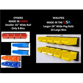WallPeg Wall Mounted Storage Bins -10 Bins & 2 ea -24” Peg Board Tracks - Plastic Hanging Bins Organizer Pegboard Garage Storage Rail Kit PK 2-10