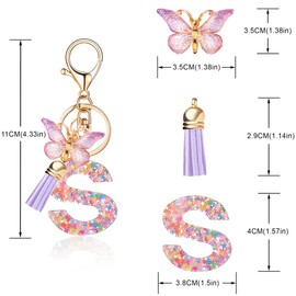 QUKE Alphabet Initial Letter Keychain Purple Tassel Butterfly Pendant Resin Keyring for Purse School Bag Women Girls - S