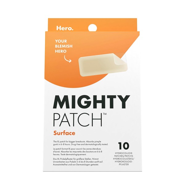 Hero Cosmetics Mighty Patch Surface Pimple Patches XL Hydrocolloid Patches Acne Treatment Day & Night Face & Body Pimple Patches - 10 Large Pimple Patches for Larger Areas