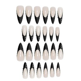 Long Stiletto Press on Nails Black French Tips Fake Nails with 3D Water Droplets Designs Glue on Nails Press on Glossy Acrylic Nails Extra Long Cute Stick on Nails for Women 24pcs