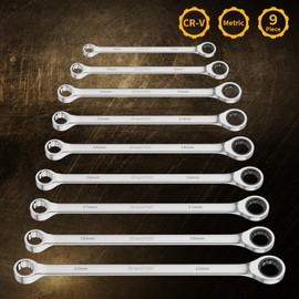 GRENPRO Extra Long Ratcheting Wrench Set Metric and Standard, Large Wrench Set, Big Double Box End Ratchet Wrenches Sets, 10PC 8-22MM Mechanic Tools Automotive Box Foam Wrench Kit Organizer with Gauge