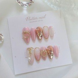 Pink powder gold stone handmade nail tip - Stiletto / 핑크파우더 골드스톤 수제네일팁 - 스틸레토