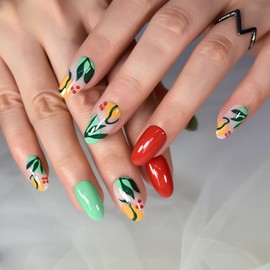 Glossy Press On Nails Pre-design Red Green False Nails with Summer Leaf Pattern Medium Length Oval Women Girls Gel Nail Art Tips Salon DIY Manicure Reusable Acrylic Fake Nails for Daily Office Home