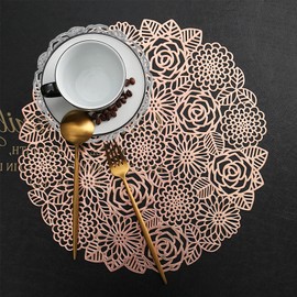 Spldsun Set of 8 Round Place Mats and Coasters, Hollowed Round Place Mats, Round PVC Place Mats, for Non-Slip, Scratch-Resistant, Decorative Tables (Rose Gold, Silver)