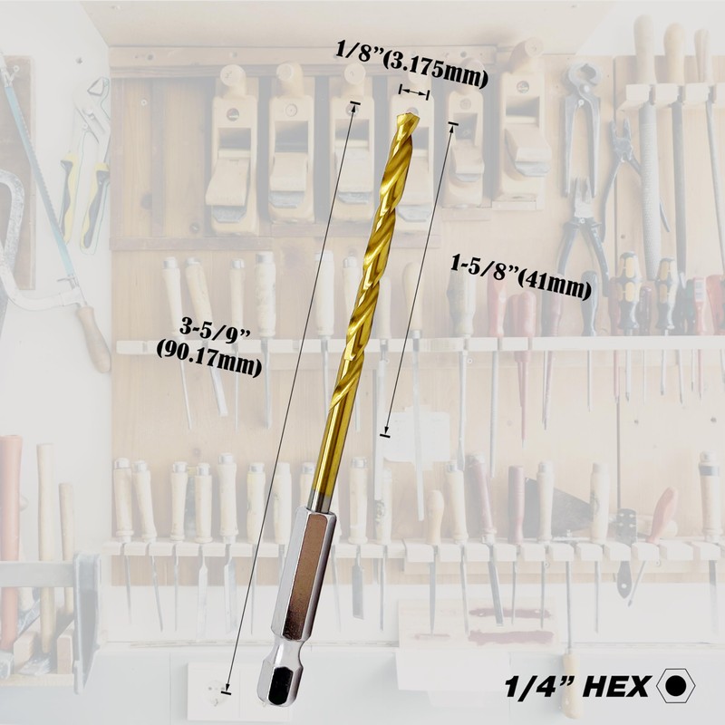 1/8" Hex Shank Titanium HSS Twist Drill Bits, 10PCS