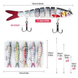 DONQL 5PCS 8-Segment Jointed Swimbait, Bionic Fishing Lures with 3 Size Fishing Leaders, Slow Sinking Swimming Lure, Lifelike Swimming Bait Freshwater Saltwater for Bass Trout Walleye Pike