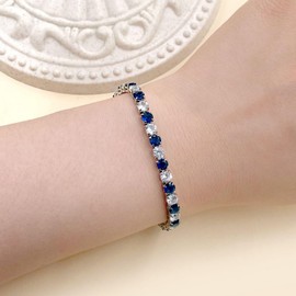 Tobestu White Gold Plated 4mm Blue White Round Cut Cubic Zirconia Tennis Bracelet for Women Wife Mom Friends - Size 7.5" YA5032