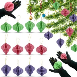 12Pcs Easter Honeycomb Lantern Baubles- 8cm| Hanging Paper Ornament with Mini Magnet for Easter Tree| Party Balls with Golden String for Home