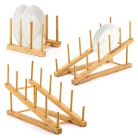 2Pcs Plate Stands for Display, Wooden Plate Holders with 1 Cup Holder,5 Tiers Bowl Rack, Craft Show Display Stands for Tabletop Book, Artwork, Photo, Record, Magazine, Platter