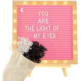 Pink Felt Letter Board Sign with LED Lights- 10in × 10in Changeable Message Board with Wood Frame 500 Pre-Cut Letters Tripod Stand Wall Mount Hanger for Christmas Gifts Party Home Decor Housewarming