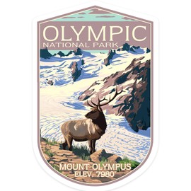 Die Cut Sticker Olympic National Park, Washington, Mt. Olympus and Elk, Contour Vinyl Sticker 3 to 6 inches, (Waterproof Decal for Cars, Water Bottles, Laptops, Coolers), Large