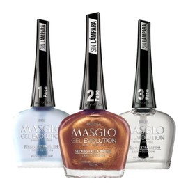 MASGLO GEL EVOLUTION Nail Polish Gel Effect, No UV/Led Lamp, Duration Up to 12 days, 3 PCs -Base, Esmalte Color, Brillo - Efecto Gel sin necesidad de UV/Led, 0,5 Fl. Oz. (Preciosa)