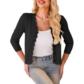 LIENRIDY Women's Cropped Cardigan Shrugs 3/4 Sleeve Button Down Ribbed Knit Sweater Black M