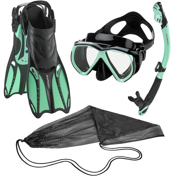 Phantom Aquatics Rapido Adult Mask Fin Snorkel Set, Panoramic View Snorkel Mask + Snorkeling Gear Travel Bag, Mint, ML/XL, us: 9/11 - EU: 42/45