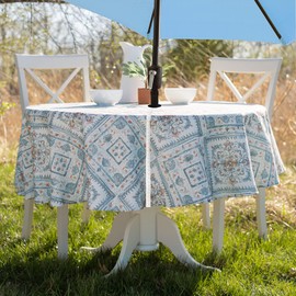 Benson Mills Spillproof Spring/Summer Fabric Outdoor Tablecloth with Umbrella Hole, Zippered Table Cloth for Round Tables, Picnic/Patio Table Covers (Aurora, 70" Round with Umbrella Hole)
